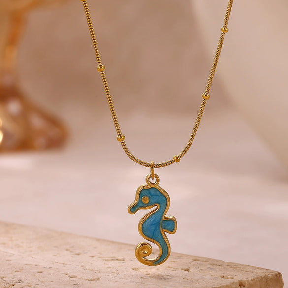 Wholesale Unisex Stainless Steel Gold Electroplated Seahorse Starfish Pendant Cross Chain Necklace