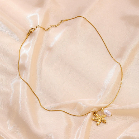 Wholesale Unisex Stainless Steel Gold Electroplated Seahorse Starfish Pendant Cross Chain Necklace