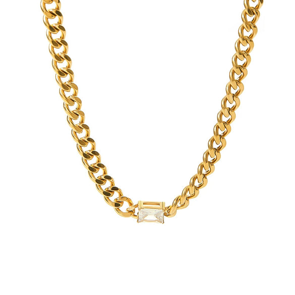 Wholesale Unisex Stainless Steel Jewelry With Rectangular Zircon Inlay And Cuban Chain Pvdp Furnace Real Gold Treated