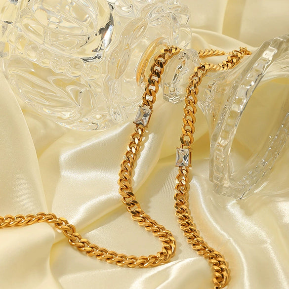Wholesale Unisex Stainless Steel Jewelry With Rectangular Zircon Inlay And Cuban Chain Pvdp Furnace Real Gold Treated