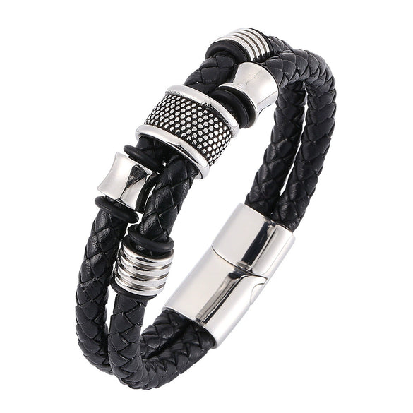Wholesale Unisex Stainless Steel Leather Jewelry Bracelet With Inverted Magnetic Buckle And Geometric Design