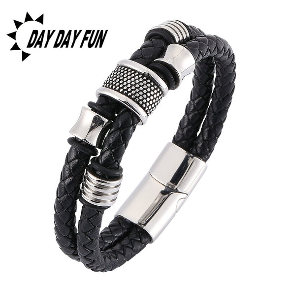 Wholesale Unisex Stainless Steel Leather Jewelry Bracelet With Inverted Magnetic Buckle And Geometric Design