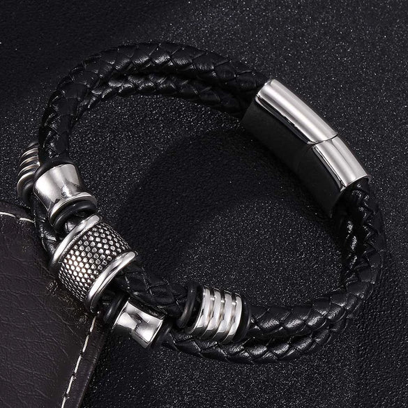 Wholesale Unisex Stainless Steel Leather Jewelry Bracelet With Inverted Magnetic Buckle And Geometric Design