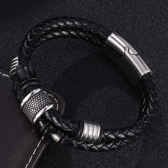 Wholesale Unisex Stainless Steel Leather Jewelry Bracelet With Inverted Magnetic Buckle And Geometric Design