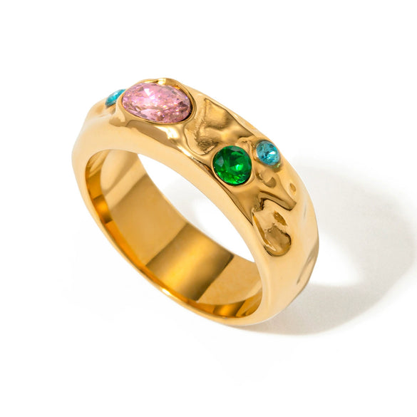 Wholesale Unisex Stainless Steel Zircon Ring With Hammered Finish And Electroplating In Geometric Style With Pink Blue And Green Zircons