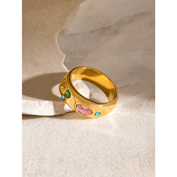 Wholesale Unisex Stainless Steel Zircon Ring With Hammered Finish And Electroplating In Geometric Style With Pink Blue And Green Zircons