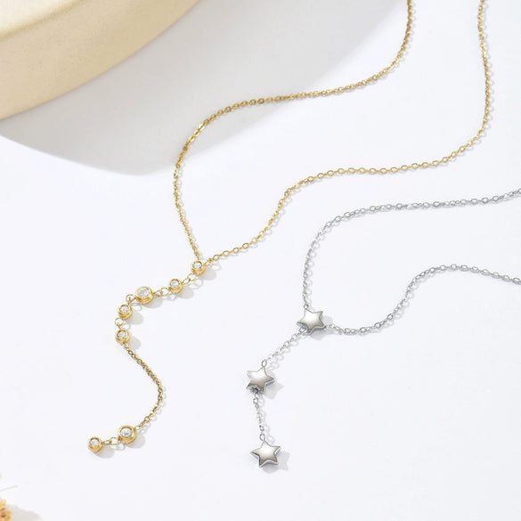 Wholesale Unisex Star Shaped Geometric Stainless Steel And Titanium Steel Electroplated Yshaped Round Diamond Tassel Necklace