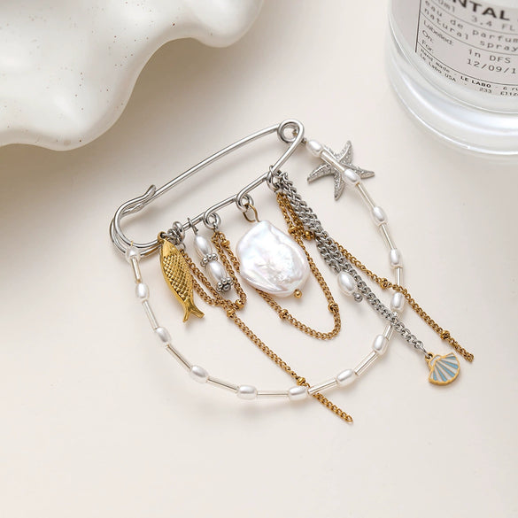 Wholesale Unisex Sweet And Cool Geometric Stainless Steel Starfish Tassel 18K Goldplated Brooch Clothing Accessory