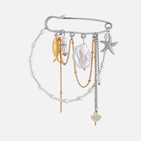 Wholesale Unisex Sweet And Cool Geometric Stainless Steel Starfish Tassel 18K Goldplated Brooch Clothing Accessory