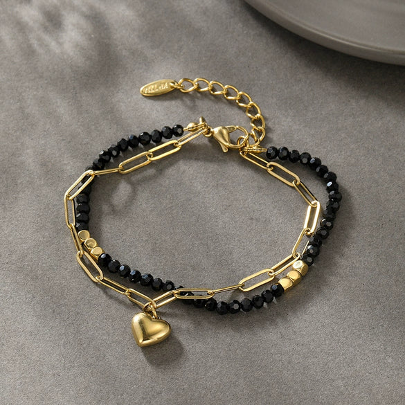 Wholesale Unisex Titanium Steel Black Beaded Bracelet With 14K Goldplated Electroplated Design