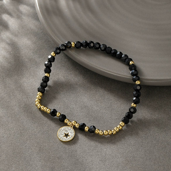 Wholesale Unisex Titanium Steel Black Beaded Bracelet With 14K Goldplated Electroplated Design