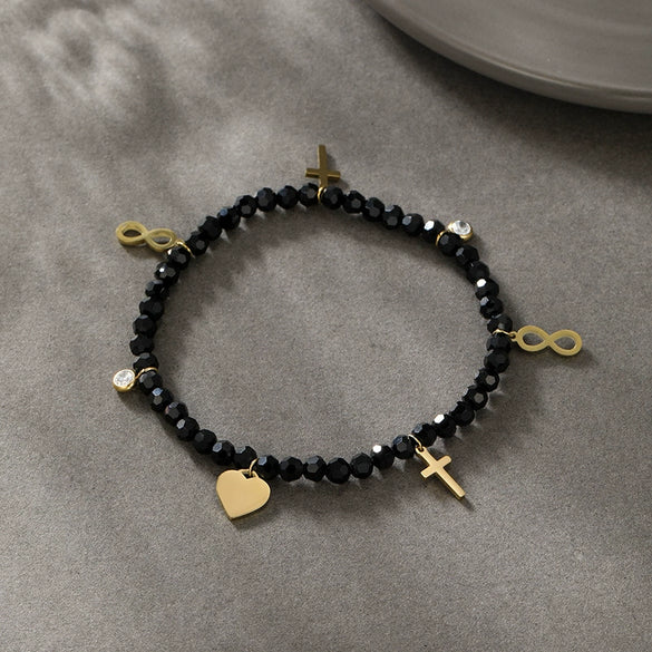 Wholesale Unisex Titanium Steel Black Beaded Bracelet With 14K Goldplated Electroplated Design