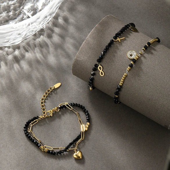 Wholesale Unisex Titanium Steel Black Beaded Bracelet With 14K Goldplated Electroplated Design