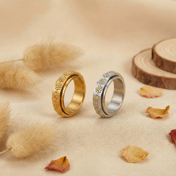 Wholesale Unisex Titanium Steel Electroplated Threedimensional Plum Blossom Relief Rotating Ring Luxury Metal Accessories