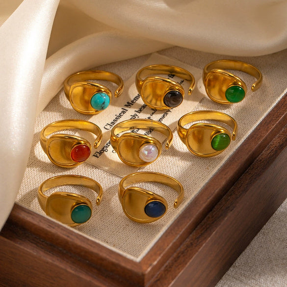 Wholesale Unisex Vintage Geometric U Shape Natural Stone Titanium Steel Ring With Electroplating