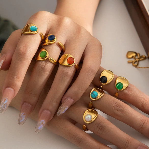 Wholesale Unisex Vintage Geometric U Shape Natural Stone Titanium Steel Ring With Electroplating