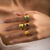 Wholesale Unisex Vintage Geometric U Shape Natural Stone Titanium Steel Ring With Electroplating
