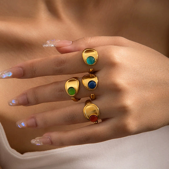 Wholesale Unisex Vintage Geometric U Shape Natural Stone Titanium Steel Ring With Electroplating