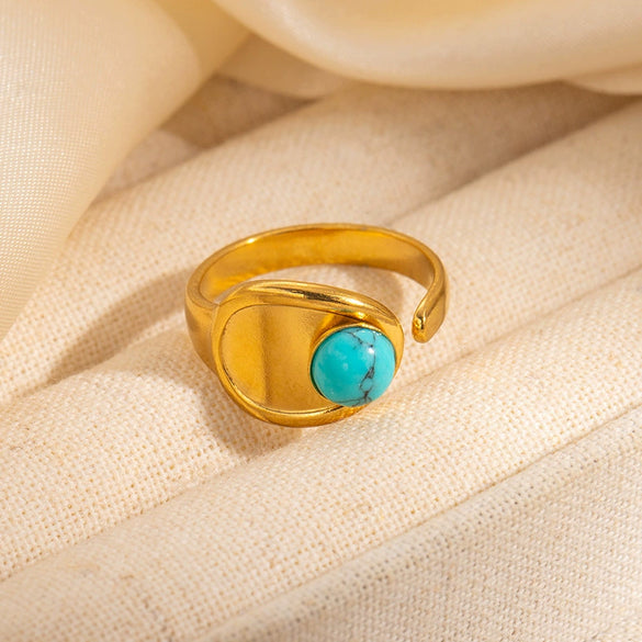 Wholesale Unisex Vintage Geometric U Shape Natural Stone Titanium Steel Ring With Electroplating
