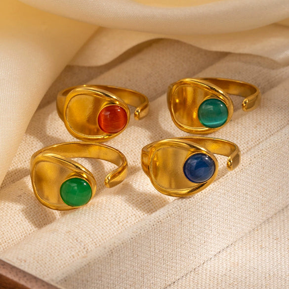 Wholesale Unisex Vintage Geometric U Shape Natural Stone Titanium Steel Ring With Electroplating