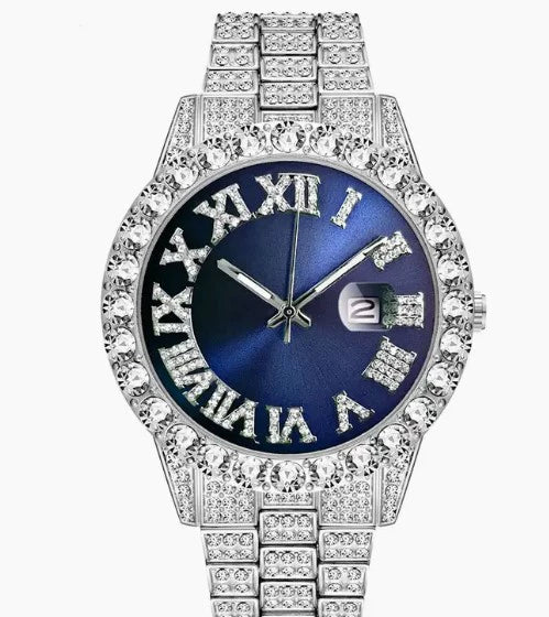 Wholesale Universal Metal Case Stainless Steel Band Round Dial Quartz Watch With Full Diamond Sparkling