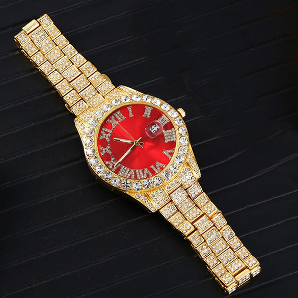Wholesale Universal Metal Case Stainless Steel Band Round Dial Quartz Watch With Full Diamond Sparkling
