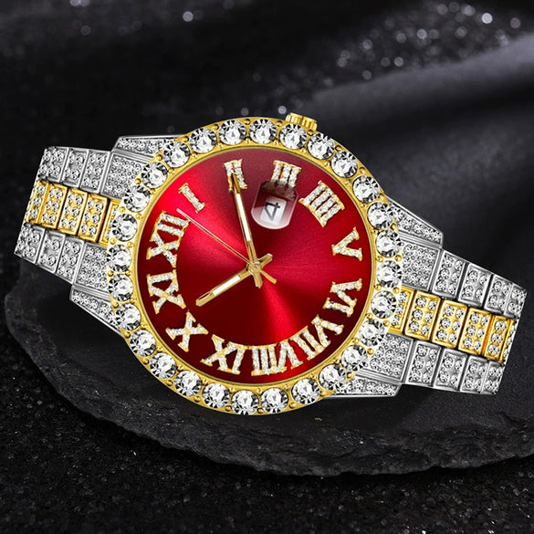 Wholesale Universal Metal Case Stainless Steel Band Round Dial Quartz Watch With Full Diamond Sparkling