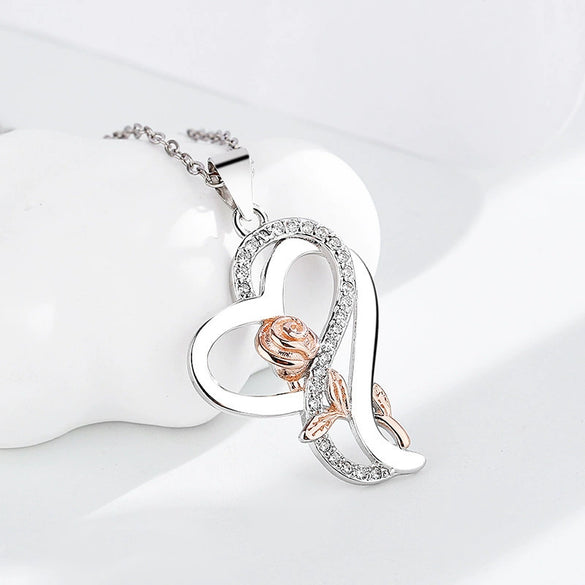 Wholesale Valentine's Day Heart Shaped Silver 925 Sterling Pendant Necklace With Diamond Twocolor And Flower Pattern Electroplated