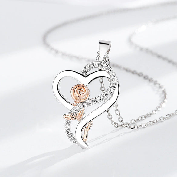 Wholesale Valentine's Day Heart Shaped Silver 925 Sterling Pendant Necklace With Diamond Twocolor And Flower Pattern Electroplated