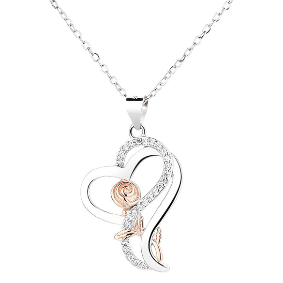 Wholesale Valentine's Day Heart Shaped Silver 925 Sterling Pendant Necklace With Diamond Twocolor And Flower Pattern Electroplated