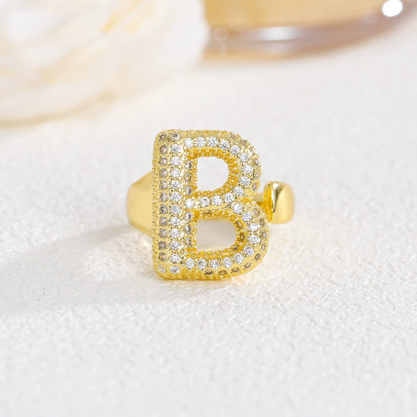 Wholesale Versatile Light Luxury Hand Jewelry Copper Letter Rings Inlaid With Zircon And Electroplated