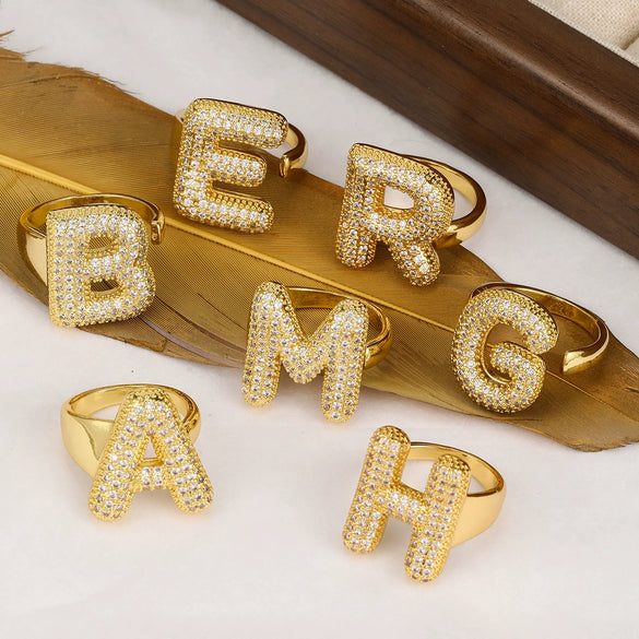 Wholesale Versatile Light Luxury Hand Jewelry Copper Letter Rings Inlaid With Zircon And Electroplated