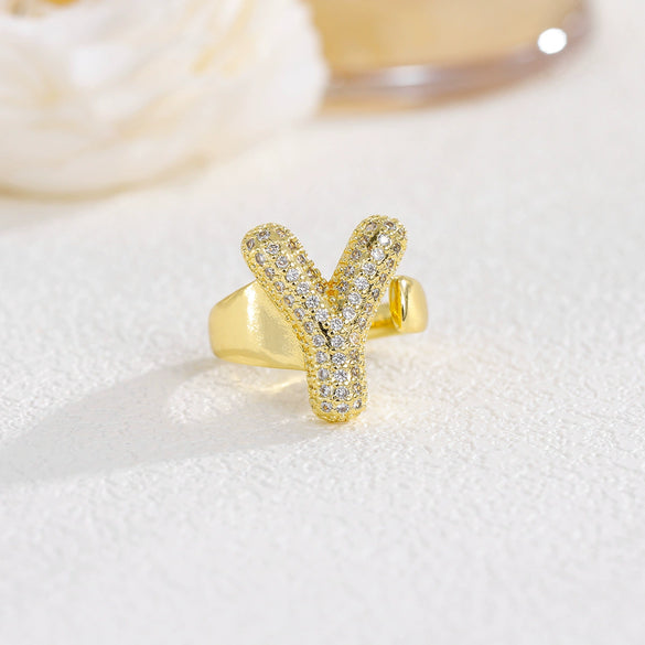 Wholesale Versatile Light Luxury Hand Jewelry Copper Letter Rings Inlaid With Zircon And Electroplated