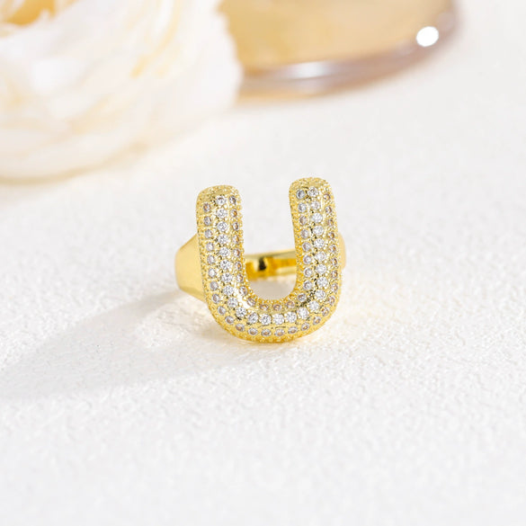 Wholesale Versatile Light Luxury Hand Jewelry Copper Letter Rings Inlaid With Zircon And Electroplated