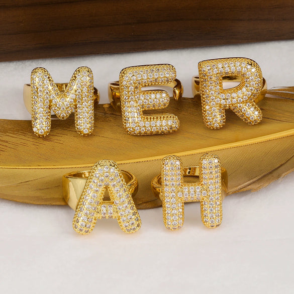 Wholesale Versatile Light Luxury Hand Jewelry Copper Letter Rings Inlaid With Zircon And Electroplated