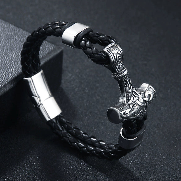 Wholesale Viking Jewelry Cowhide Rope Bracelet Alloy Magnetic Buckle Geometric Style Electroplated For Men