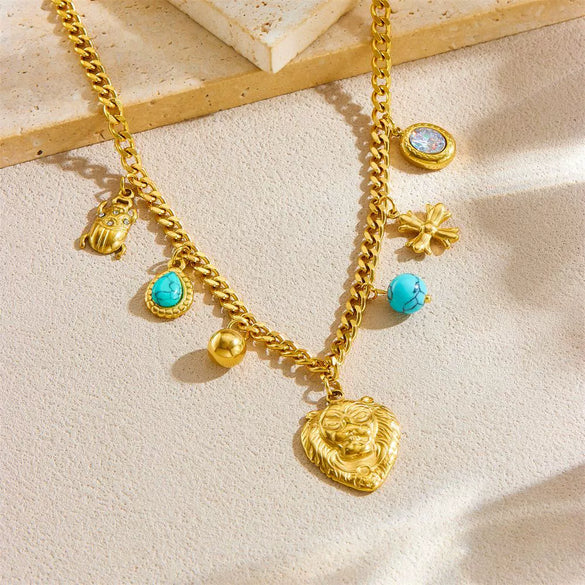 Wholesale Vintage Animal Accessories Lion Head Ladybug Cross Blue Pine Stone Pendant Stainless Steel Necklace With Electroplating