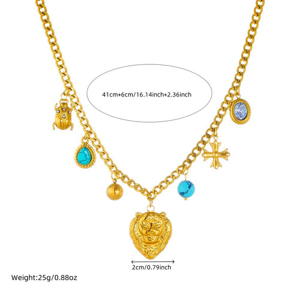 Wholesale Vintage Animal Accessories Lion Head Ladybug Cross Blue Pine Stone Pendant Stainless Steel Necklace With Electroplating