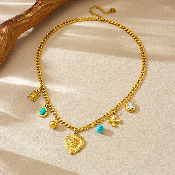 Wholesale Vintage Animal Accessories Lion Head Ladybug Cross Blue Pine Stone Pendant Stainless Steel Necklace With Electroplating