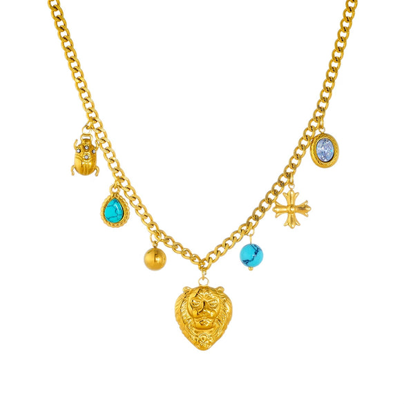 Wholesale Vintage Animal Accessories Lion Head Ladybug Cross Blue Pine Stone Pendant Stainless Steel Necklace With Electroplating