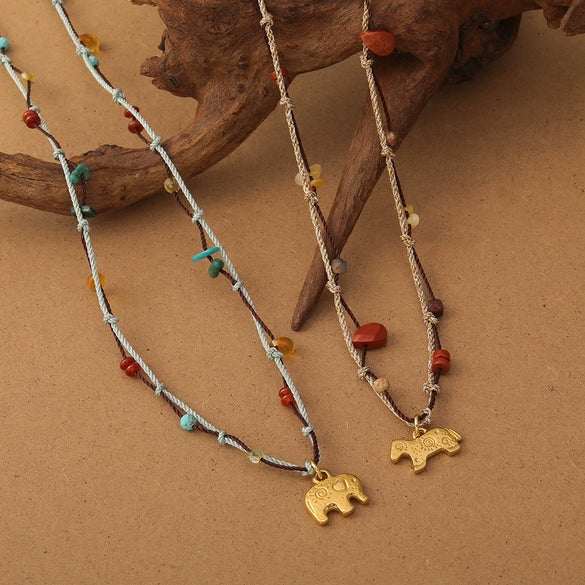 Wholesale Vintage Animal Zodiac Handmade Red Agate Czech Beads African Pine Gravel Stainless Steel Rope Titanium Steel Pendant Necklace For Women