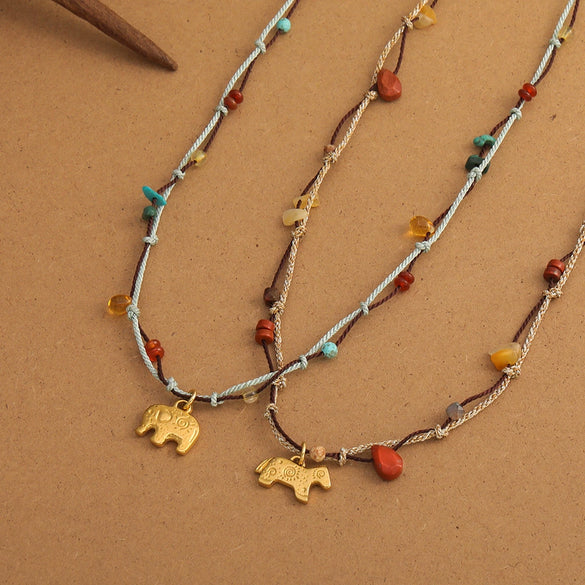 Wholesale Vintage Animal Zodiac Handmade Red Agate Czech Beads African Pine Gravel Stainless Steel Rope Titanium Steel Pendant Necklace For Women
