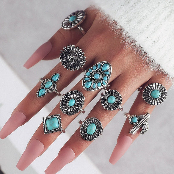 Wholesale Vintage Carved Turquoise Ring With Turtle Flower Combination For Women Alloy Material Geometric Pattern Electroplating Process