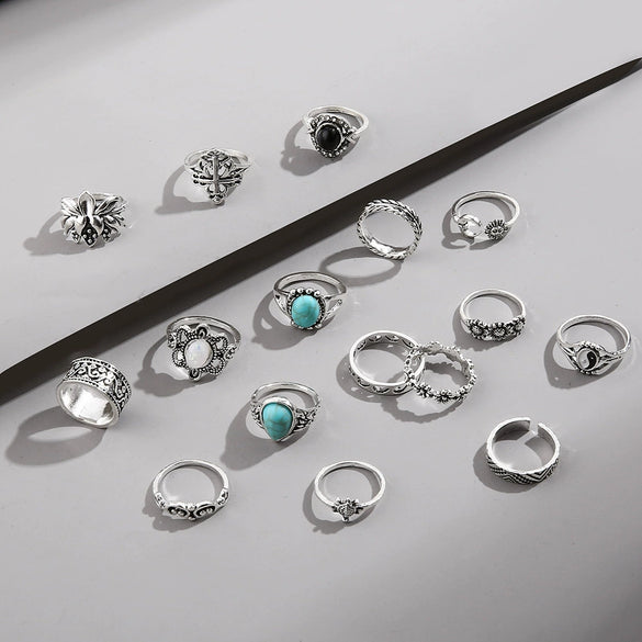 Wholesale Vintage Carved Turquoise Ring With Turtle Flower Combination For Women Alloy Material Geometric Pattern Electroplating Process