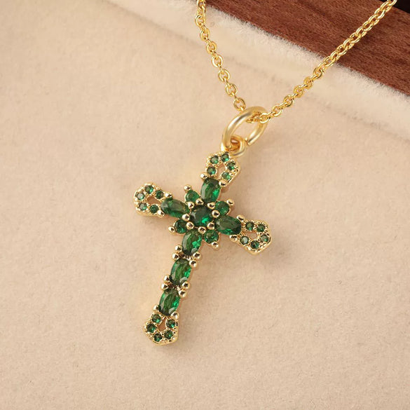 Wholesale Vintage Copper Plated 18K Gold Microinlaid Zircon Cross Pendant Necklace For Women