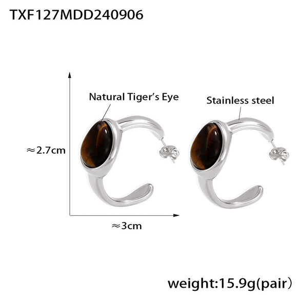 Wholesale Vintage Cshaped Tiger Eye Stone Stainless Steel Earrings With Pvd Electroplating