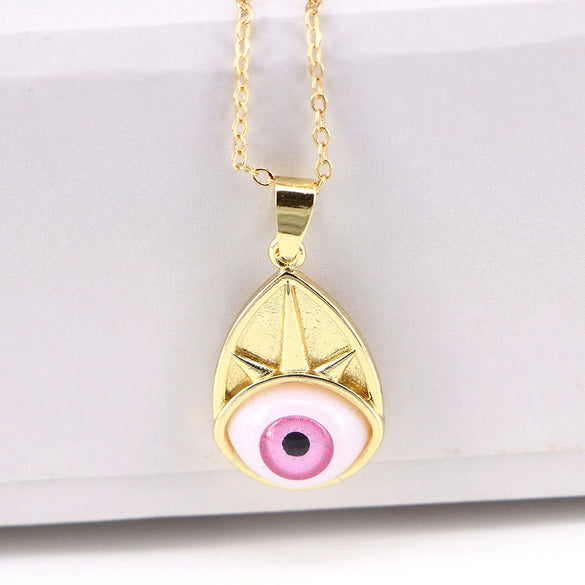 Wholesale Vintage Devil's Eye Resin Pendant Necklace With Copper Mixed Gem Inlay Drop Shape Electroplating Water Wave Chain Unisex