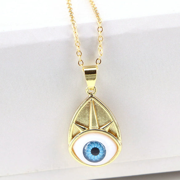 Wholesale Vintage Devil's Eye Resin Pendant Necklace With Copper Mixed Gem Inlay Drop Shape Electroplating Water Wave Chain Unisex