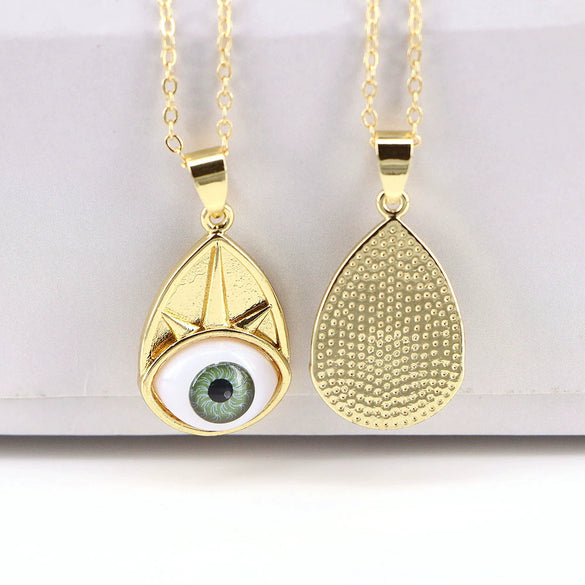 Wholesale Vintage Devil's Eye Resin Pendant Necklace With Copper Mixed Gem Inlay Drop Shape Electroplating Water Wave Chain Unisex