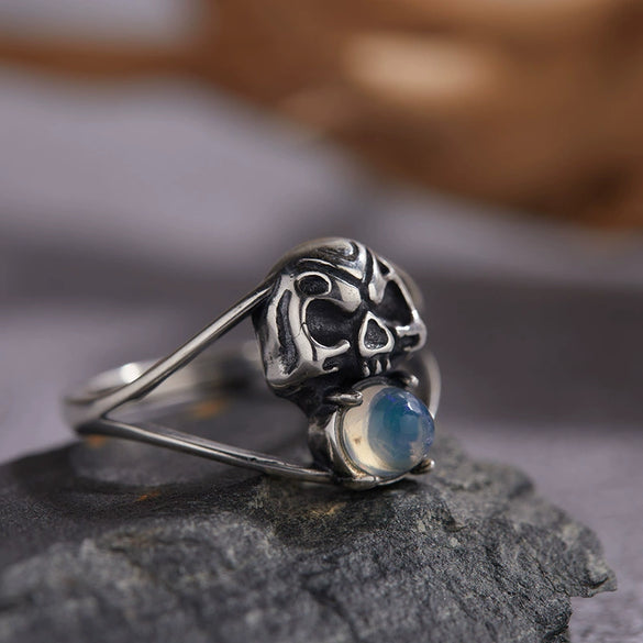 Wholesale Vintage Distressed S925 Sterling Silver Skull Ring Set With Precious Stones